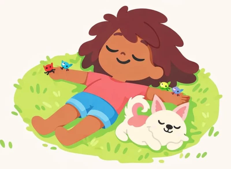 On the right side of the image, The Girl is lying on her back on a patch of grass in a park, her long hair spread out wide around her head. She has a relaxed, happy smile with her eyes gently closed, looking completely at ease. Small cute bugs walk along her outstretched arms. The Dog is curled up beside her on the grass, nestled close to her arm, looking content. Small green grass blades are scattered around them on the ground. The left side of the image is open white/plain background with just a few sparse grass marks.
