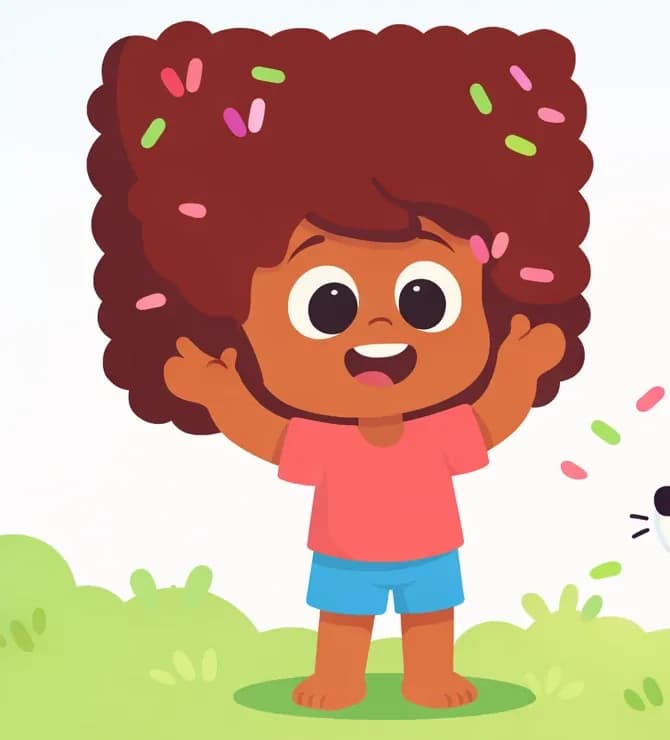 On the left side of the image, The Girl stands proudly with a big, beaming grin, her hands raised near her head as she shows off her hair styled into a large, dramatic square shape decorated with colorful pink and green hair clips or confetti-like accessories. She looks delighted and confident. Slightly to the right of center, The Dog sits in the grass looking up at The Girl with an amused expression, with a few colorful clips or confetti pieces floating around. The scene is set outdoors on a bright day with soft green grass and a pale blue sky.
