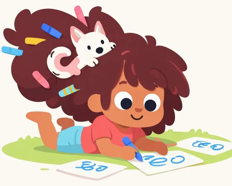 On the right side of the image, The Girl lies on her stomach on a grassy area, smiling contentedly as she draws on sheets of paper spread out in front of her. Her big, voluminous hair billows upward and to the left, stuffed with colorful pens and crayons in blue, pink, yellow, and other colors. The Dog peeks out from within The Girl's hair near the top, with just its head and paws visible, looking comfortable nestled among the curls. The left side of the image is open white and light blue background. The scene is outdoors on a bright day.