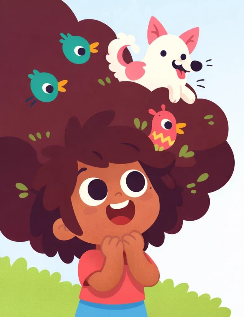 On the left side of the image, The Girl is shown from the shoulders up, looking upward with wide, delighted eyes and a big smile, her hands clasped together near her chin in excitement. Her enormous curly dark hair billows outward like a tree canopy, filling the upper-left portion of the image, with several colorful birds (teal, pink with yellow markings, green) nesting and perching throughout it. The Dog peeks out from the top of her hair, tongue out happily, nestled among the birds. The right side opens to a clear sky with soft green grass along the bottom, left open for text.