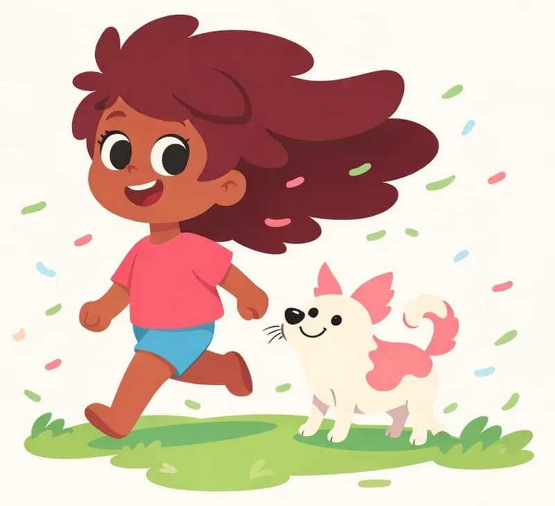 On the right side of the image, The Girl is walking confidently into the wind with a big, proud smile, her face turned toward the viewer at a three-quarter angle, her massive hair billowing dramatically behind and above her like a flag, filling much of the upper portion of the scene. The Dog stands upright beside her on the right, leaning into the wind alongside her. The outdoor scene is breezy and bright, with small colorful confetti-like shapes (pink and green) swirling in the air and patches of green grass at the bottom, conveying a windy, celebratory atmosphere. The left side is open sky/white background, clear of characters.