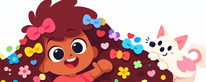 In the lower-left corner, The Girl is shown in a close-up view, smiling joyfully with wide eyes, her voluminous hair spread across the bottom of the image and decorated with colorful headbands, pins, and bows in pink, blue, yellow, red, and green. The Dog peeks in from the lower-right edge, partially hidden behind The Girl's hair, looking up eagerly as if wanting a bow too. The top half of the image is plain white/light blue background. The scene is bright and cheerful, set indoors.