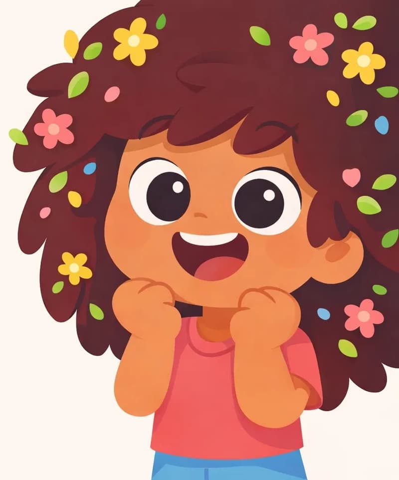 On the right side of the image, The Girl is shown in a close-up portrait, beaming with a wide, joyful smile, her hands raised up near her chin in delight. Her voluminous hair fills much of the frame, decorated with small colorful flowers and leaves in green, yellow, and pink. The left side of the image is left open as a light clearing framed by her flowing hair, providing space for text.
