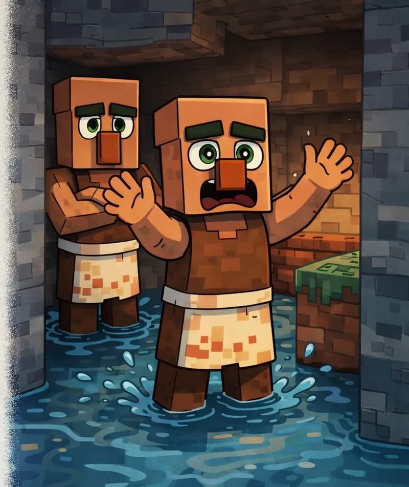 On the right side of the image, two Villagers stand inside a small stone and brick cave, looking trapped and worried. One Villager stands slightly behind the other near the back wall, while the second Villager in front has their arms raised as if calling for help. The cave is narrow with stone walls and a wet floor, and water appears to have pushed them into this tight space. The left side of the image is a plain light-gray area reserved for text overlay.