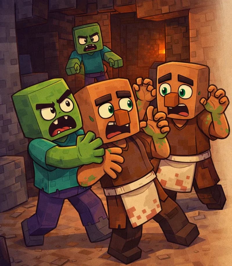 On the left side of the image, a Zombie lunges forward inside a dark cave, grabbing and biting the nearest Villager while scratching at them with its other hand. The Villager recoils with arms raised in a frightened, defensive pose. Behind the first Villager, the second Villager stumbles backward in panic, patches of green beginning to appear on their skin as the zombie infection starts to take hold. A second Zombie watches menacingly from deeper in the cave behind the first. The scene is set in a dim, shadowy cave with gray stone walls and brown dirt blocks, lit with faint reddish light from deeper within. The right side of the image is a plain semi-transparent overlay over the cave background, left clear for text.