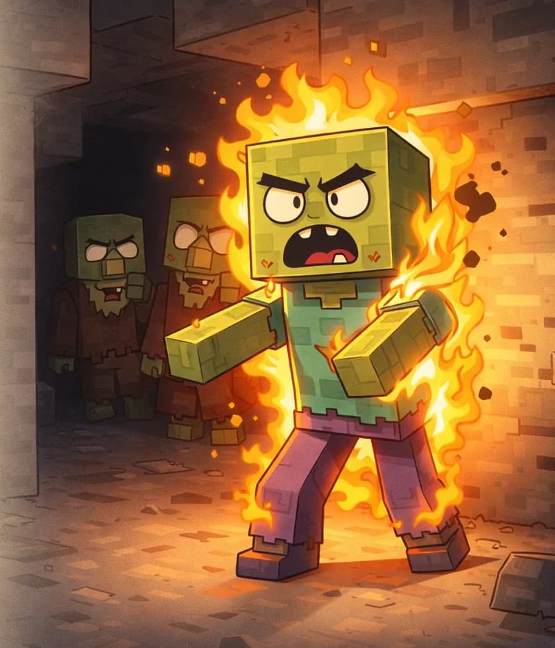 On the right side of the image, a Zombie stands engulfed in bright orange flames at the mouth of a stone cave, burning as sunlight hits it from the right. Behind the burning Zombie, deeper in the dark cave, two zombie villagers stand close together in the shadows — their skin now fully green with hollow white eyes, still wearing tattered brown villager robes with their oversized noses visible. One of them stares toward the fire with empty, hollow eyes, while the other hangs back, neither daring to step into the light.