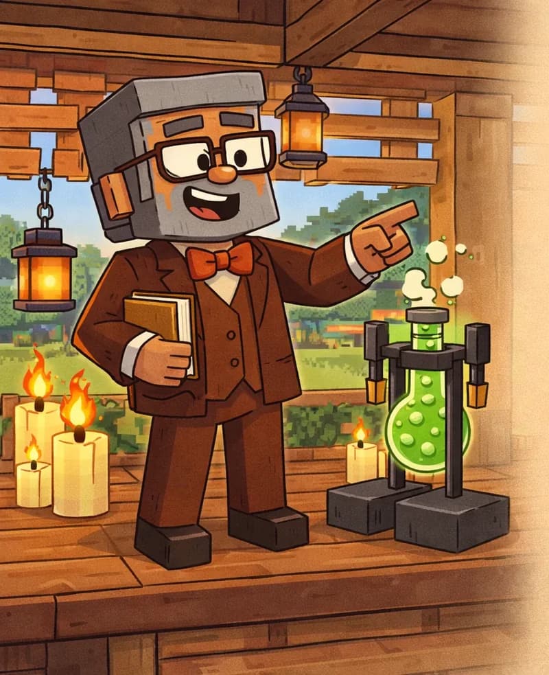 On the left side of the image, Narrator stands on a wooden porch or covered deck area, positioned near a brewing stand, with a determined expression as he works on preparing a cure. A dark brewing stand apparatus sits in the center-left of the scene, with a potion fizzing and bubbling on top of it. The scene is set indoors under a wooden shelter with lanterns and lit candles scattered around, creating a warm, workshop-like atmosphere. Through the open wooden archway behind Narrator, a green suburban backyard with trees is visible under a daytime sky. The right side of the image is a plain, faded or blurred extension of the scene, providing clear space for text overlay.