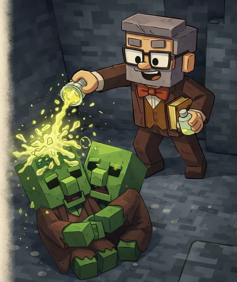 On the right side of the image, Narrator creeps cautiously inside a dark stone cave, viewed from a slightly elevated angle, carrying two small glass bottles of glowing potion cure. Below him, two zombie villagers with green skin, hollow white eyes, and tattered brown villager robes with their oversized noses visible crouch together on the cold stone floor, one slumped against the other. Narrator is in the act of throwing a potion bottle that smashes onto the zombie villagers' large green blocky heads, with the cure splashing everywhere in a bright burst. The cave environment is made of dark gray stone blocks with dim lighting. The left side of the image is reserved for text overlay.