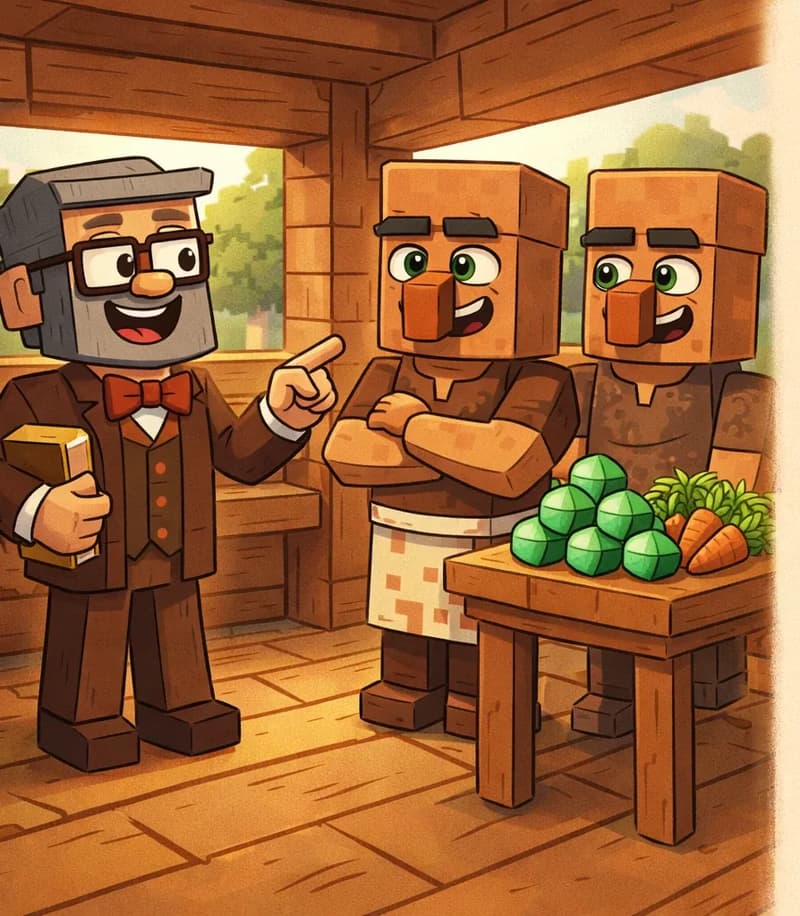 On the left side of the image, Narrator stands facing two cured Villagers inside a cozy wooden structure, all three smiling warmly. The nearest Villager, fully restored to normal with medium-brown skin, their classic brown tunic, and oversized nose, grins gratefully at Narrator. A second cured Villager stands just behind the first, also beaming with gratitude. Between them, a small wooden table displays a pile of bright green emeralds and bundles of crops as generous trade offerings. The scene is set inside a wooden building with green foliage visible through the windows, bathed in warm daylight. The right side of the image is reserved for text overlay.
