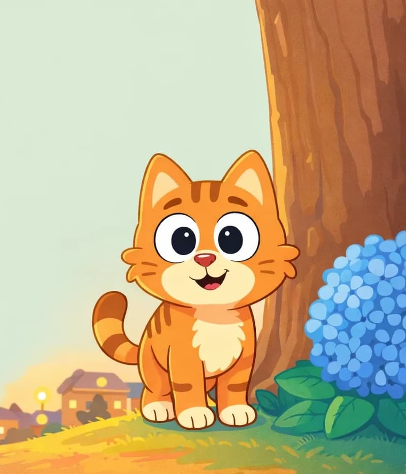 Pokey stands on the right side of the image, facing the viewer with a friendly, slightly uncertain smile and wide round eyes, positioned beside a tree trunk and a blue hydrangea bush. Pokey is a small orange tabby kitten with a compact round body, warm orange fur with darker brown tabby stripes on the head, back, and tail, a lighter cream chest and belly, large expressive white eyes with black pupils, a small pink nose, and visible whisker dots on the cheeks. The scene is set outdoors in a suburban neighborhood at dusk, with warm golden and orange tones washing across the ground suggesting the sun is going down, and a soft pale green sky behind. The left side of the image is open plain background.