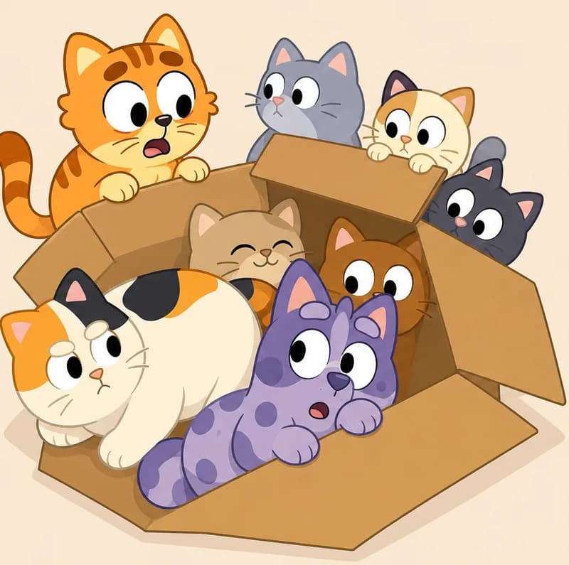 On the left side of the image, a large cardboard box sits on the ground of a suburban street, stuffed full of animals. Calico is lying inside the box with an annoyed, unwelcoming expression — a small chubby calico kitten with predominantly white fur, orange patches on the forehead and left ear, and black patches on the top of the head, with large round black eyes with white highlights. Gray Spot is squeezed in beside Calico looking wide-eyed and startled, paws up against the edge of the box — a small lavender-purple puppy with darker purple-gray spots on the back and head, large wide-set white eyes with black pupils, a small dark nose, and triangular ears with peach-pink inner coloring. Pokey stands just outside the box at the upper left, peering in with a surprised expression at the crowded scene. There are several additional cats crammed into and around the box, including ones perched on the rim and tucked inside. The right ~40% of the image is plain warm beige background.