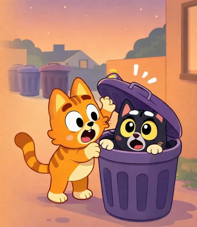 On the right side of the image, Pokey stands on tiptoes beside a purple trash can, lifting the lid with a surprised expression and one paw raised in shock — discovering Inky already curled up inside, with paws poking out over the rim. Inky is a small black cat with a white chest and belly patch, a white spot on top of the head, white inner ears, and large round yellow eyes with black pupils. In the upper-left background, a row of additional trash cans lines an alley beside a building. The scene is set outdoors in a suburban back alley at dusk, with warm, soft fading light.