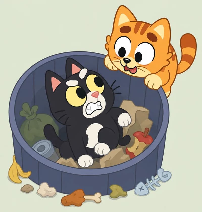 On the left side of the image, Inky is sitting inside a round trash can surrounded by bits of garbage, looking up with an angry, snarling expression and bared teeth. Inky is a small black cat with a white chest and belly patch, a white spot on top of the head, white inner ears, and large round yellow eyes with black pupils. Pokey is leaning over the rim of the trash can from the right, peering in with a hopeful, wide-eyed expression, front paws gripping the edge. Scattered food scraps and trash bits surround them. The scene is set against a plain pale green background, with the right ~40% of the image left empty.