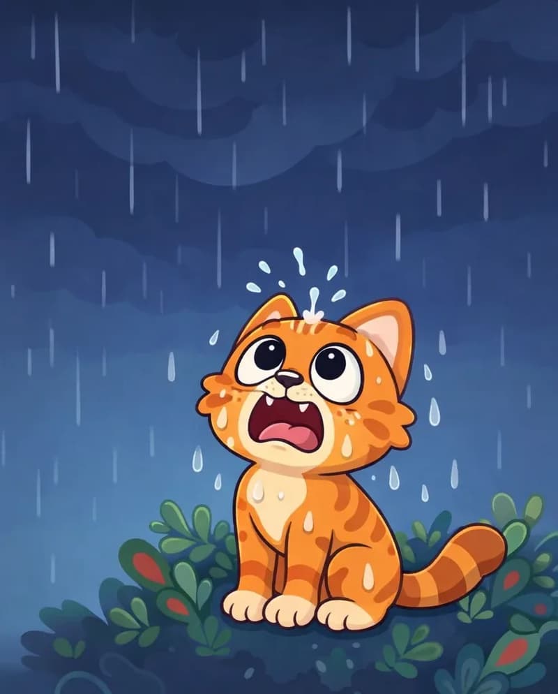 On the right side of the image, Pokey sits among low leafy plants, looking straight up at the dark rainy sky with a distressed, open-mouthed expression, raindrops splashing on the top of his head. Pokey's orange fur is getting visibly soaked and matted from the rain. The scene is set outdoors at dusk transitioning to nighttime with a dark teal sky filled with streaking rain, and wavy cloud patterns overhead.