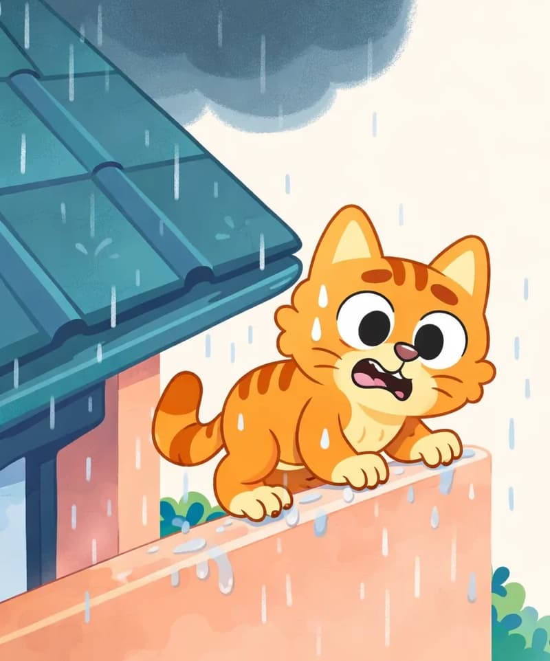 On the left side of the image, Pokey is partway up a wall near the roof of a house, gripping the ledge with his claws and a determined but slightly anxious expression, straining to pull himself up as rain falls around him. Pokey's orange fur is soaked and matted from the rain. The tiled roof of the house extends from the upper left, and dark rain clouds loom overhead with rain streaking down across the scene. The right side of the image is open with a plain light background and faint greenery.