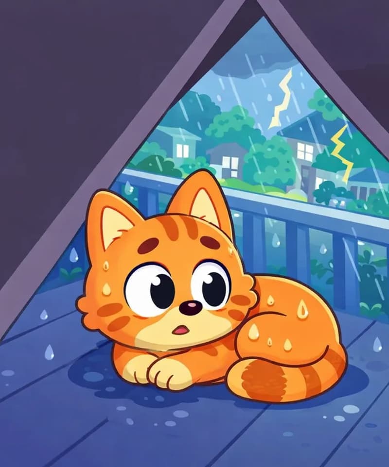 On the right side of the image, Pokey is curled up on a high ledge or balcony floor under a roof opening, looking slightly damp and contemplative, gazing out through a triangular opening toward a rainy suburban street scene below. Pokey's orange fur is still damp from the rain. The left side is plain dark background. The mood is sheltered but cold — Pokey appears relieved to be out of the storm but with a thoughtful, slightly worried expression, as if wondering about the other cats still outside in the rain.