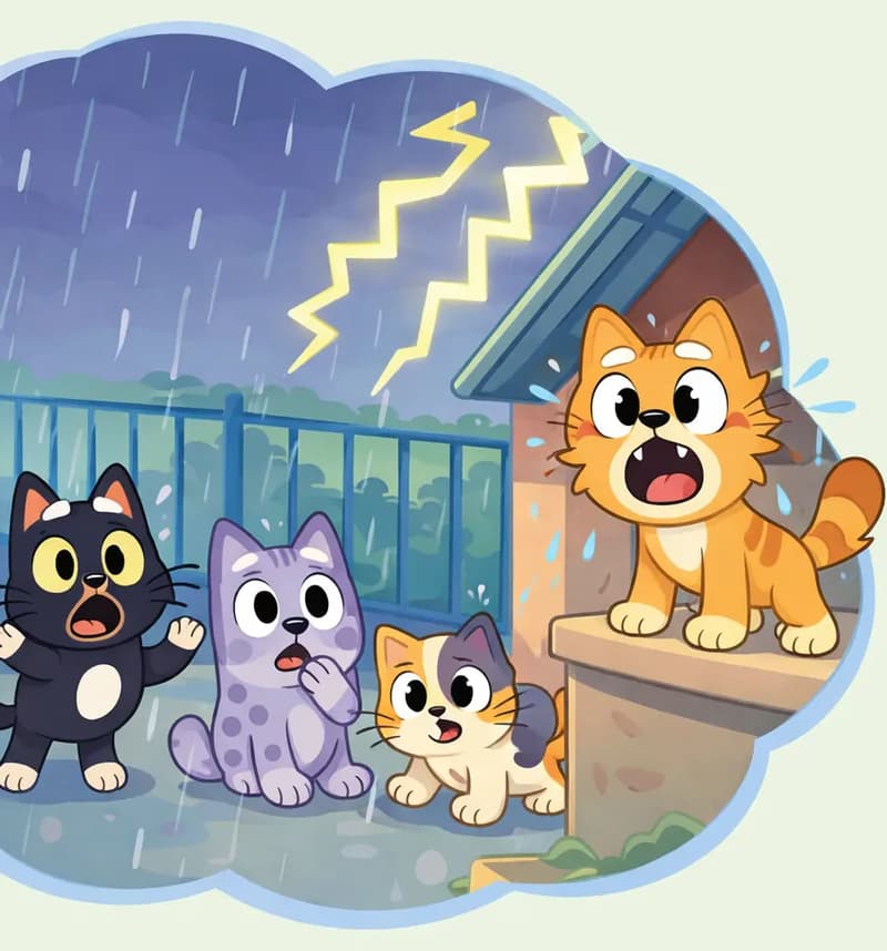 A large cloud-shaped panel fills the left half of the image against a plain pale-green background. Inside the cloud-shaped scene, all four animals appear together in a thunderstorm. On the right side of the cloud, Pokey — an orange tabby cat with a cream chest — stands on a stone ledge beside a small roofed structure, fur damp with raindrops flying off him, yelling with a wide-open mouth and alarmed wide eyes. A bright yellow lightning bolt zigzags across the dark stormy sky above. On the left side of the cloud, three animals huddle in front of a blue metal fence in the pouring rain. Inky stands on the far left with a startled, scared expression and both paws raised — a small black cat with a white chest patch, white head spot, and round yellow eyes. Gray Spot sits nearby looking frightened with one paw raised to its mouth — a small lavender-purple puppy with darker purple-gray spots and large white eyes. Calico crouches low to the ground with a worried open-mouthed expression — a small chubby calico kitten with white, orange, and black patches. Rain streaks down across the whole cloud scene.