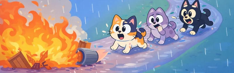 In the lower-right portion of the image, Calico, Gray Spot, and Inky stand on a winding rain-soaked path, all facing toward a large fire blazing in the lower left, with alarmed expressions. Calico is closest to the fire — a small chubby calico kitten with white, orange, and black patches, mouth open in shock as she stares at the flames. Gray Spot is in the middle of the group — a small lavender-purple cat with darker purple-gray spots, pointed feline ears, and a curled cat tail, one paw raised to its mouth in worry. Inky is at the rear, highest up the path closest to a house and gate in the upper-right corner — a small black cat with light markings above its wide eyes, mouth open in alarm. Rain streaks fall across the scene under a deep blue stormy sky, with droplets splashing around the animals. Pokey, an orange cat, stands at the open gate at the top of the path in front of a blue-roofed house decorated with a gold star, smiling cheerfully with one paw raised in welcome. The fire engulfs a wooden crate and a tipped-over gray trash can in billowing orange and red flames with thick gray smoke.