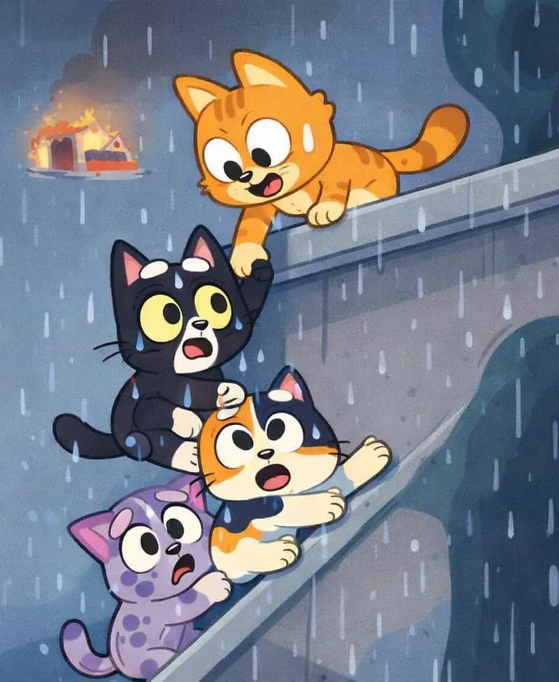 On the right side of the image, four animals are climbing up a railing or ledge in the pouring rain. Gray Spot is lowest on the railing, gripping it with a worried expression and looking upward — a small lavender-purple puppy with darker purple-gray spots, soaking wet. Calico clings just above, also soaking wet with wide anxious eyes — a small chubby calico kitten with white, orange, and black patches. Inky is climbing between them — a small black cat with a white chest patch and white head spot, yellow eyes wide and anxious, fur drenched. At the top, Pokey leans down from the ledge, reaching a paw down to help them climb, with a determined, kind expression. Rain streaks fall across a dark, overcast outdoor scene. The left side of the image is open dark background.