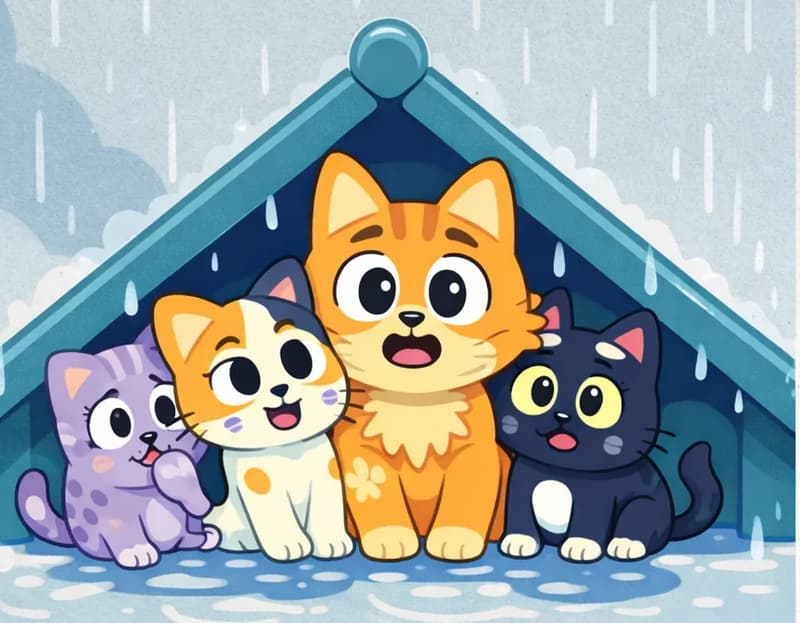 On the left side of the image, four animals are huddled together under the peaked apex of a rooftop during a rainstorm. Pokey sits in the center with wide, relieved eyes, taking up most of the space — a small orange tabby kitten with damp fur. Calico is squeezed to Pokey's left with a slightly sheepish, apologetic expression — a small chubby calico kitten with white, orange, and black patches. Gray Spot is pressed against the far left edge, looking relieved to be safe — a small lavender-purple puppy with darker purple-gray spots and large white eyes. Inky is tucked in on the right side of the group, peering out with a grateful look — a small black cat with a white chest and belly patch, a white spot on top of the head, and large round yellow eyes. All four are squashed tightly together under the small triangular shelter of the roof peak, their fur still damp but beginning to dry. Rain falls heavily around them against a gray, stormy sky, with floodwaters visible below the roofline. The right side of the image is plain background.