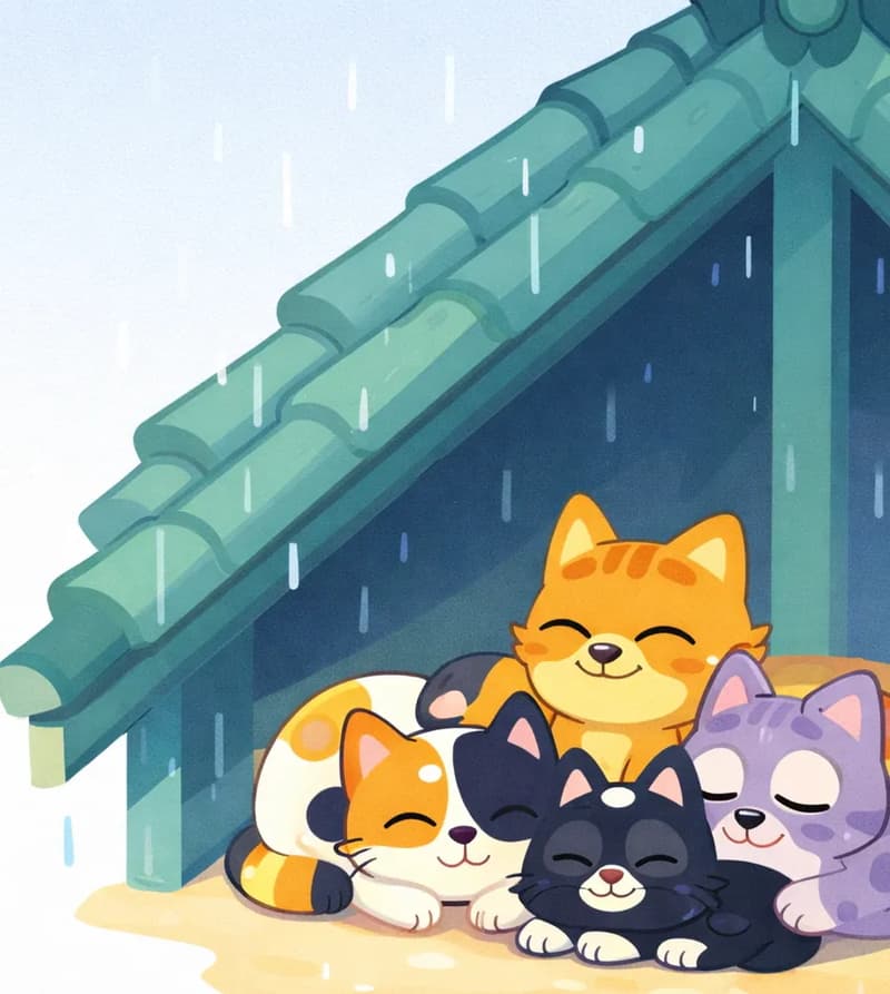 On the right side of the image, four animals are huddled together under the peaked overhang of a rooftop, sheltering from light rain. Inky is lying in front, eyes closed contentedly — a small black cat with a white chest and belly patch, a white spot on top of the head, and large round yellow eyes (now closed). Behind Inky, Calico is curled up sleeping peacefully — a small chubby calico kitten with white, orange, and black patches. Gray Spot is nestled beside them, also relaxed and content — a small lavender-purple puppy with darker purple-gray spots, resting with eyes half-closed. Pokey is curled up at the back of the group with a warm, gentle smile, looking content and thoughtful — a small orange tabby kitten with cream chest and belly. All four are pressed together sharing warmth, their fur mostly dry now. Rain drips down from the teal-green roof tiles around them, but the animals are dry and cozy in their sheltered spot. The left side of the image is open sky with the first hints of clearing weather.