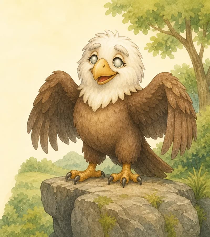 Introduce Guillermina. She is perched on a rocky ledge in the park, trying to look strong — wings slightly raised, head up — but her elderly features are visible: tired posture, slightly droopy wings, cloudy or squinting eyes that suggest near-blindness. Mood: a once-mighty bird now visibly old.