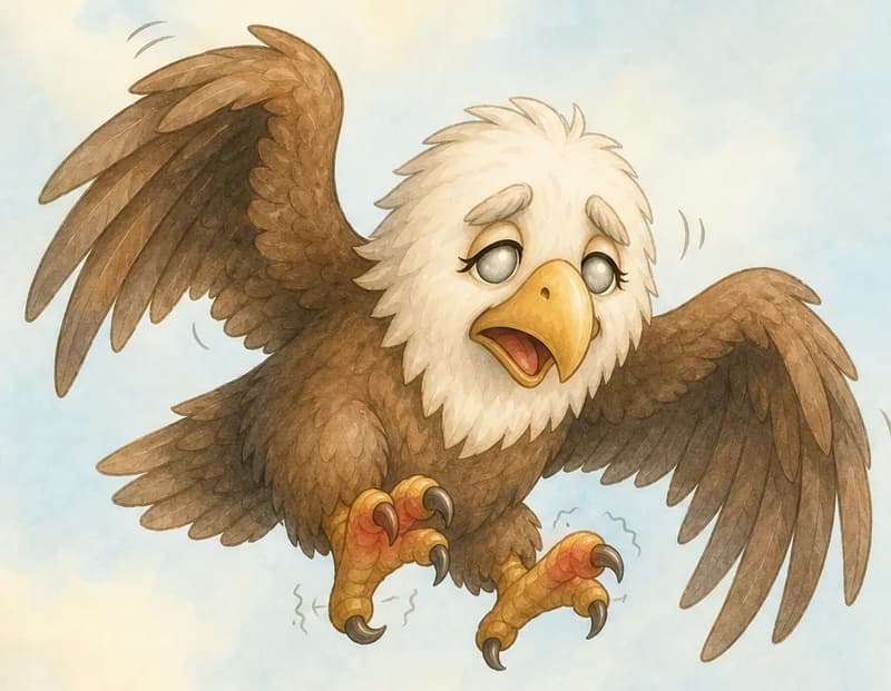 Guillermina flies slowly through the air, wings beating heavily and clumsily. Her face shows a small wince of discomfort — talons curled awkwardly, beak slightly open. She looks lonely in an empty stretch of sky. Mood: slow, achy, slightly lost flight.