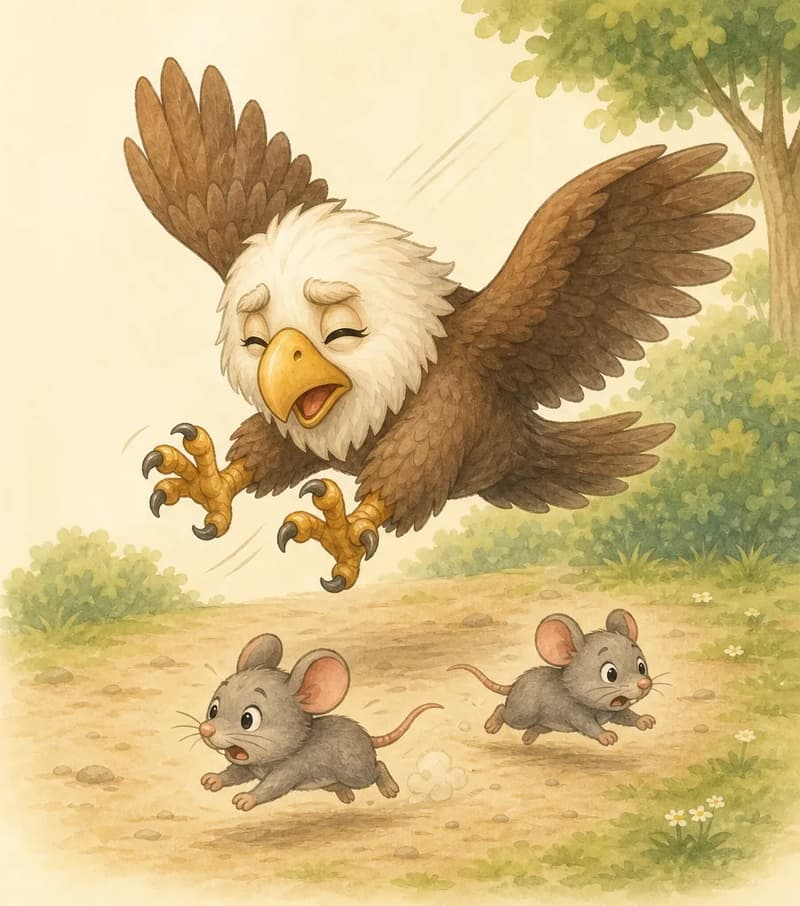 Guillermina swoops down low with talons outstretched but visibly missing one or two small mice that are scurrying away. Her face shows squinting effort, eyes straining to see. The mice dash to the side, easily escaping. Mood: gentle frustration, near-blind effort.