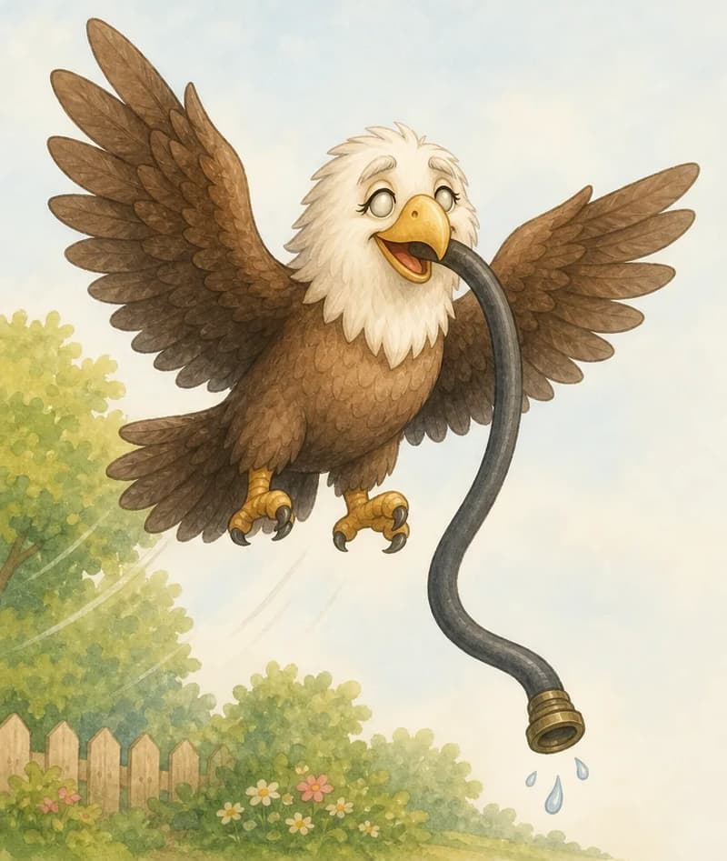 Guillermina rises into the air with what she believes is a long snake clamped in her beak. To the reader, it should be obvious (without saying so) that it is in fact a long, dark garden hose, but Guillermina looks triumphant and hopeful. Mood: hopeful, but the visual hint sets up the gentle misunderstanding.