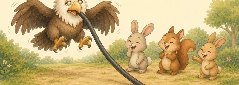 Guillermina flaps her wings hard, beating the air, but stays at the same height — clearly held back. The long hose-snake is taut, anchored somewhere off-frame below. Two or three unnamed park animals nearby chuckle kindly, not cruelly. Guillermina's face shows puzzled effort. Mood: confused struggle, with gentle good-natured laughter from others.