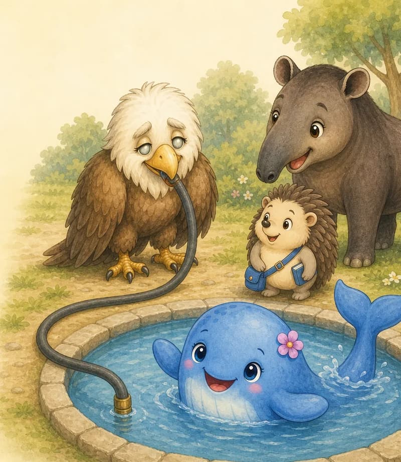The reveal: Guillermina has landed near a small park pool. Berta the whale is just visible in the pool with her great tail and flippers, and one end of the hose runs from the pool to Guillermina's beak. Guillermina looks embarrassed, head lowered. Diana the tapir and Enrique the hedgehog stand close by with kind, sympathetic expressions. Mood: tender realization.
