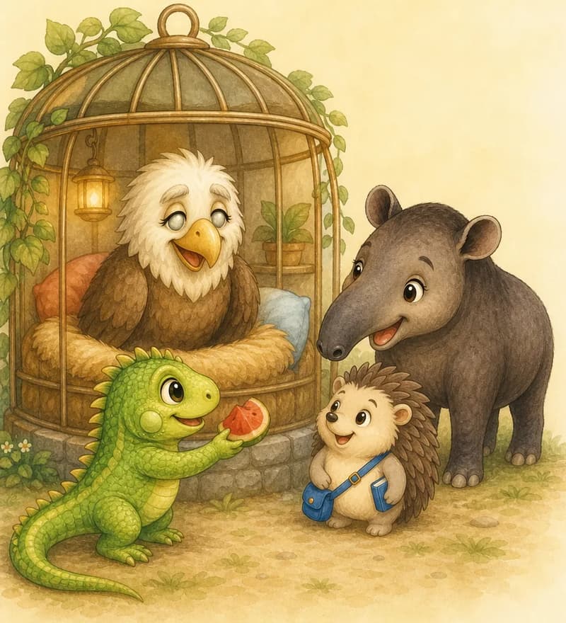 Guillermina is settled inside a comfortable cage with a warm nest of soft material. Diana the tapir and Enrique the hedgehog stand by the cage smiling at her, while Irene the iguana offers a small piece of fruit. Guillermina looks happy and grateful. Mood: warm visitors, restored well-being.