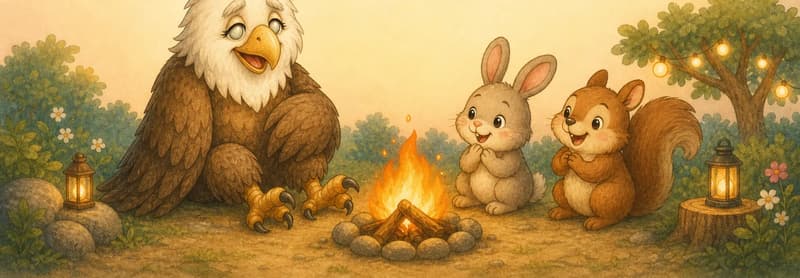 Guillermina sits comfortably beside a small, gentle bonfire in the park at evening time, with one or two unnamed park animals nearby enjoying the warmth. Her expression is content and happy. Mood: a warm, joyful closing page — celebration and belonging.