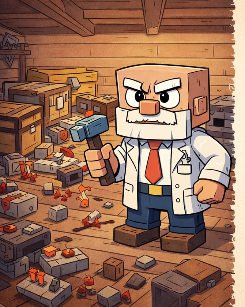 The image shows a Minecraft-style interior view of a cluttered indoor workshop on the left side, with wooden plank floors and a wooden beam ceiling. The room is filled with scattered equipment and objects — crafting tables, chests, redstone components, and various blocks strewn across the floor, conveying a messy, overflowing workspace. Dr. Can Do stands near the center of the room at a three-quarter angle facing the viewer, looking out over the chaos with an angry, determined expression. He has a cube-shaped head, light beige skin, white bushy eyebrows, a thick white mustache, and small dark eyes. He wears a white lab coat over a white dress shirt with a red necktie, dark brown belt, dark navy-blue pants, and dark brown shoes, and holds a small gray hammer in his right hand. The right ~40% is plain beige background reserved for text.