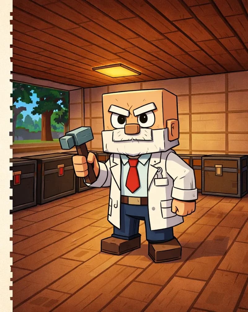 On the right side of the image, Dr. Can Do stands inside a wooden workshop or storage room, facing the viewer with a determined expression. He has a cube-shaped head, light beige skin, white bushy eyebrows, a thick white mustache, and small dark eyes. He wears a white lab coat over a white dress shirt with a red necktie, dark brown belt, dark navy-blue pants, and dark brown shoes, and holds a small gray hammer in his right hand. He is positioned near several large dark chests lined up along the back wall, having just finished sorting his contraptions and redstone into them. The wooden floor is now clear and visible, and the room is lit by overhead lighting with a window or open wall section in the background showing trees and sky outside. The left ~40% is a plain beige text area.