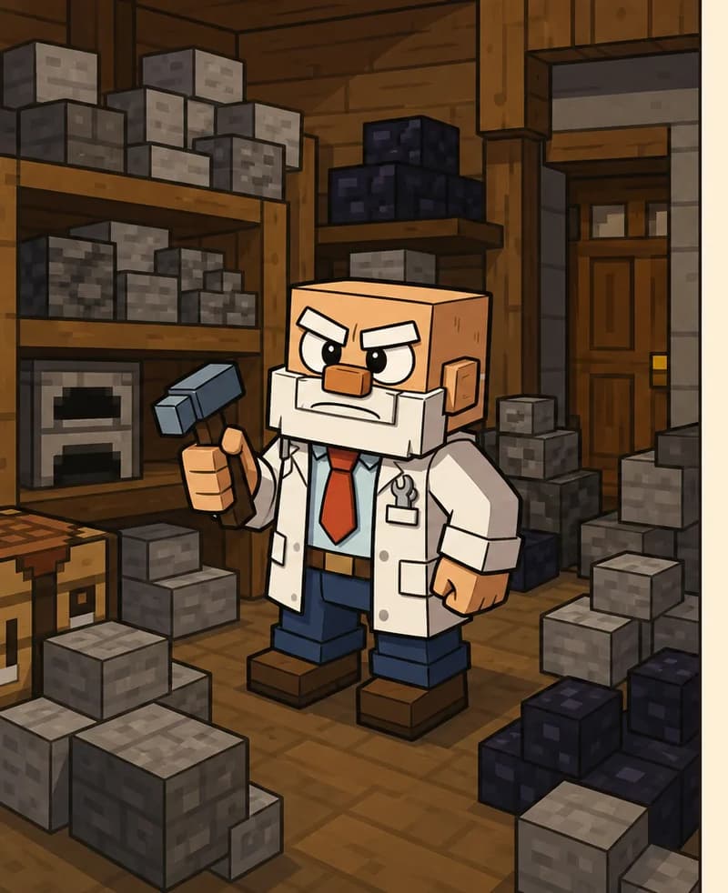 Dr. Can Do stands on the left side of the image at a three-quarter angle facing the viewer, with a displeased, disgusted expression as he makes a face at the mess. He has a cube-shaped head, light beige skin, white bushy eyebrows, a thick white mustache, and small dark eyes. He wears a white lab coat over a white dress shirt with a red necktie, dark brown belt, dark navy-blue pants, and dark brown shoes, and holds a small gray hammer in his right hand. He is inside his workshop, with wooden shelves stacked with piles of stone and deepslate blocks, a furnace, and a wooden door visible behind him. The space appears cluttered with excess stone and deepslate, consistent with him needing more room for his contraptions. The right ~40% of the image is a plain beige text panel.