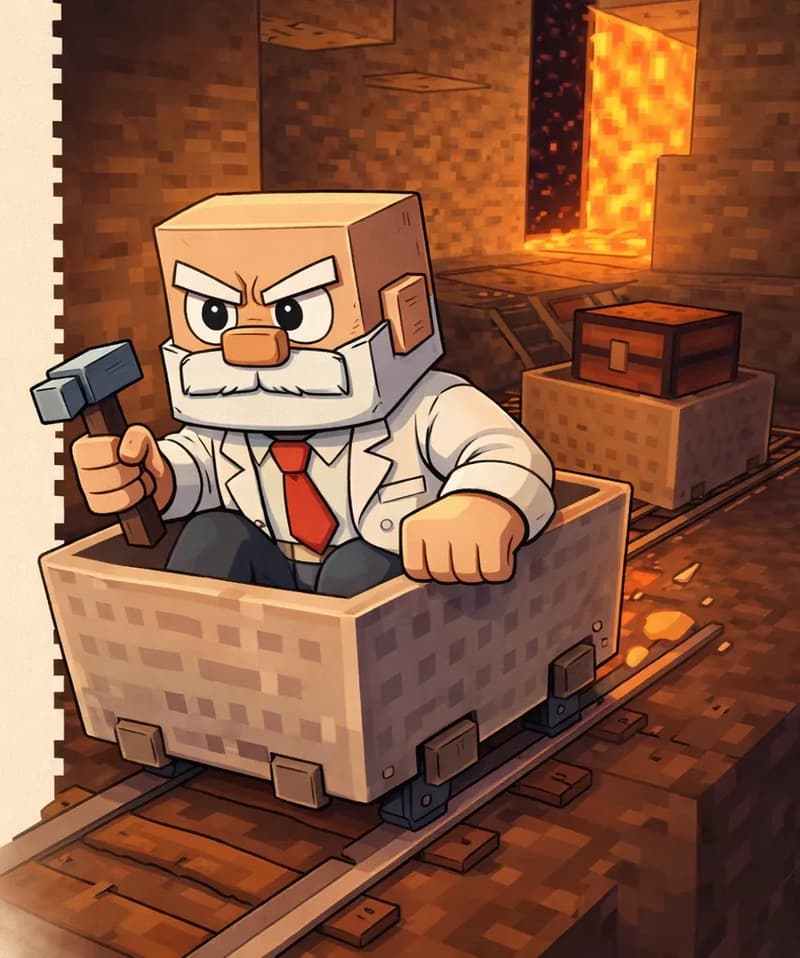 On the right side of the image, Dr. Can Do sits in a minecart on a rail track inside an underground mine, leaning forward with a determined expression as he rides toward a glowing lava pit visible in the upper-right corner. He has a cube-shaped head, light beige skin, white bushy eyebrows, a thick white mustache, and small dark eyes. He wears a white lab coat over a white dress shirt with a red necktie, and holds a small gray hammer in his right hand. The scene is set in a dimly lit underground cavern with stone walls, illuminated by the warm orange glow of the lava; a chest sits beside the rail near the lava pit. The left ~40% is a plain beige background reserved for text overlay.