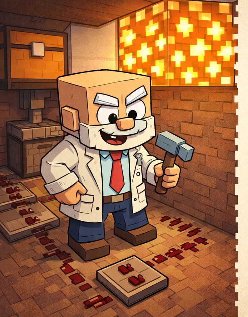 On the left side of the image, Dr. Can Do stands inside a small underground room with wooden plank walls, viewed at a three-quarter angle facing the viewer. He looks down at redstone circuitry laid out on the floor with an excited, inspired expression as he plans his new device. He has a cube-shaped head, light beige skin, white bushy eyebrows, a thick white mustache, and small dark eyes. He wears a white lab coat over a white dress shirt with a red necktie, dark brown belt, dark navy-blue pants, and dark brown shoes, and holds a small gray hammer in his right hand. The room contains a chest and a piston-like mechanism near a block of lava visible in the upper-left corner, with glowstone blocks providing warm lighting from above. The right ~40% of the image is a plain beige/cream text area.