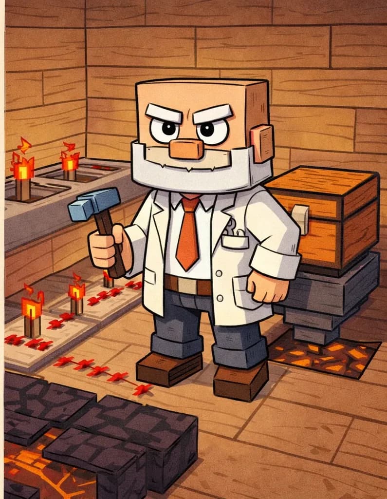 On the right side of the image, Dr. Can Do stands in an indoor wooden room, viewed at a three-quarter angle facing the viewer. He has a satisfied, focused expression as he finishes his device. He has a cube-shaped head, light beige skin, white bushy eyebrows, a thick white mustache, and small dark eyes. He wears a white lab coat over a white dress shirt with a red necktie, dark brown belt, dark navy-blue pants, and dark brown shoes, and holds a small gray hammer in his right hand. He is positioned next to a chest with a hopper below it, and lines of redstone dust run along the floor connecting to redstone repeaters. Nearby, dark obsidian blocks are placed over where the lava is concealed beneath. The left side of the image is a plain beige text area. The scene has warm interior lighting consistent with a Minecraft-style wooden structure.