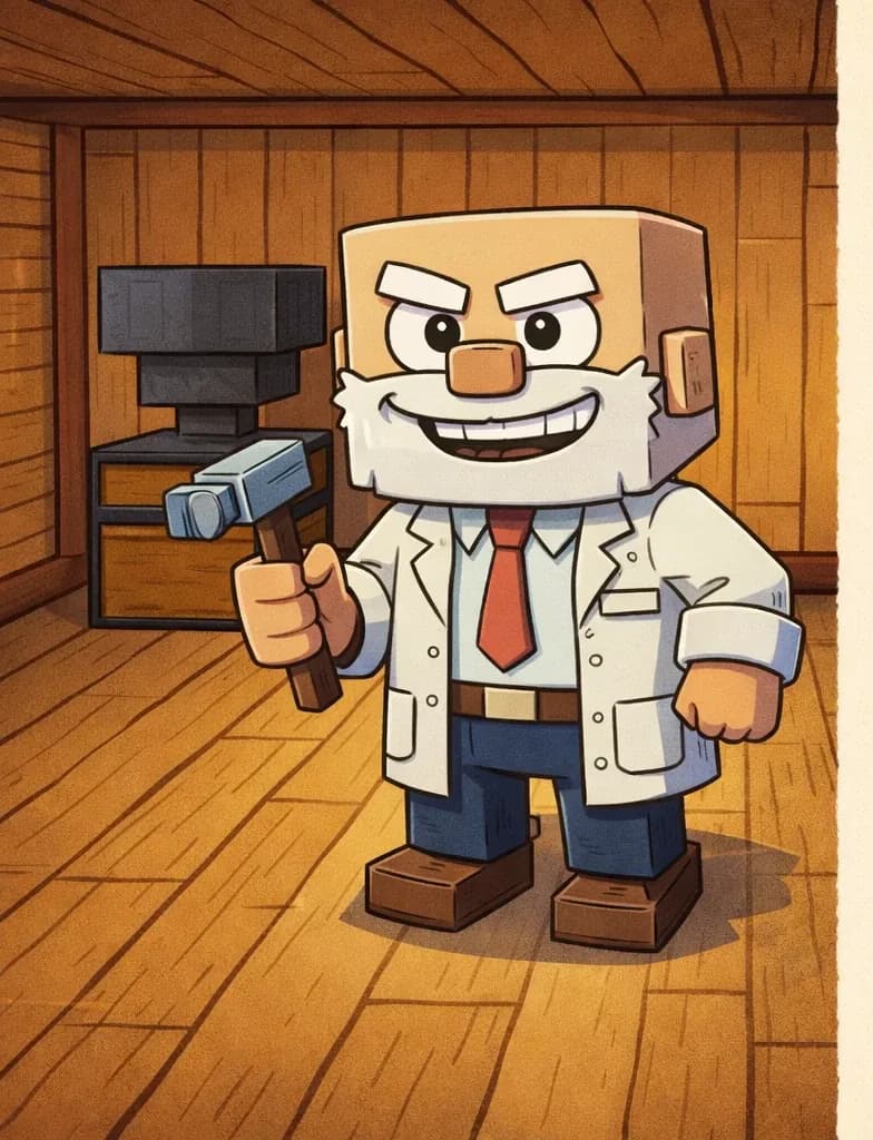 On the left side of the image, Dr. Can Do stands inside his wooden workshop, facing forward with a big grin spread across his face. He has a cube-shaped head, light beige skin, white bushy eyebrows, a thick white mustache, and small dark eyes. He wears a white lab coat over a white dress shirt with a red necktie, dark brown belt, dark navy-blue pants, and dark brown shoes, and holds a small gray hammer in his right hand. The room is noticeably tidier and more spacious, with the disposal device (a chest with a hopper and obsidian blocks) visible in the background. The indoor scene has wooden plank walls and a wooden ceiling, with warm lighting. The right side of the image is a plain beige/cream text area.