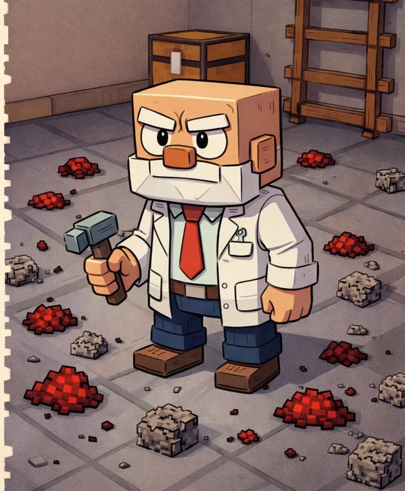 On the right side of the image, Dr. Can Do stands in his laboratory amid a brand new mess, facing the viewer at a three-quarter angle with an exasperated, resigned expression. He has a cube-shaped head, light beige skin, white bushy eyebrows, a thick white mustache, and small dark eyes. He wears a white lab coat over a white dress shirt with a red necktie, dark brown belt, dark navy-blue pants, and dark brown shoes, and holds a small gray hammer in his right hand. The floor around him is littered with clumps of redstone dust and gravel blocks scattered everywhere. In the background, a chest and a wooden ladder or shelf are visible against the wall, suggesting his indoor workshop. The left ~40% is a plain beige text area.