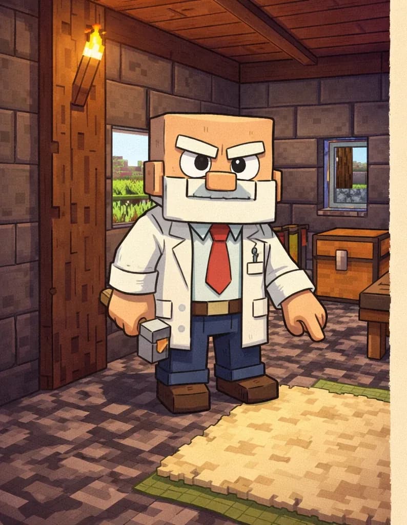 On the left side of the image, Dr. Can Do stands inside a cozy stone cottage interior, facing the viewer with a calm, determined expression and one arm extended downward, pointing at a soft carpet spread across the floor — demonstrating how sheep's wool can be turned into carpet for home improvement. He is a blocky, Minecraft-inspired character with a cube-shaped head, light beige skin, white bushy eyebrows, a thick white mustache, and small dark eyes. He wears a white lab coat over a white dress shirt with a red necktie, dark brown belt, dark navy-blue pants, and dark brown shoes, and holds a small gray hammer in his right hand. The room has stone walls, a wooden ceiling, a wooden support beam with a wall-mounted torch above, and a chest nearby. A window looks out onto green surroundings. The right ~40% of the image is plain parchment-colored background reserved for text.