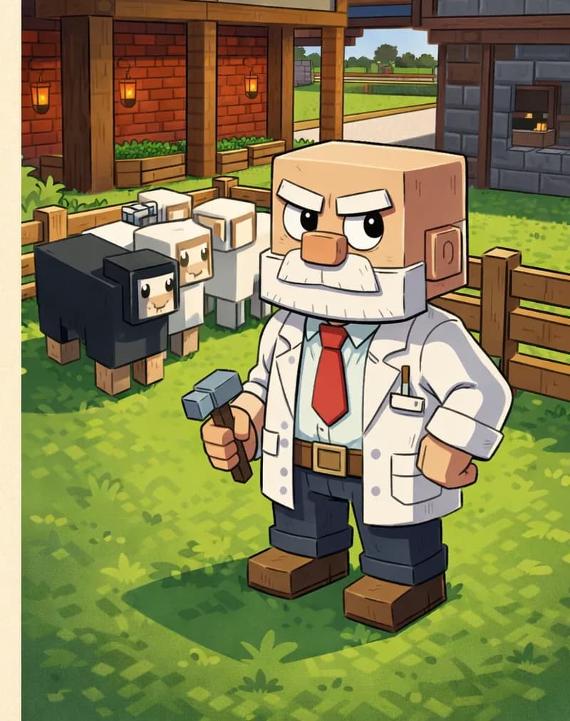 On the right side of the image, Dr. Can Do stands in the foreground near the wooden fence, facing the viewer at a three-quarter angle with a thoughtful, determined expression as he surveys the flock and considers how to manage the shearing. He is a blocky, Minecraft-inspired character with a cube-shaped head, light beige skin, white bushy eyebrows, a thick white mustache, and small dark eyes. He wears a white lab coat over a white dress shirt with a red necktie, dark brown belt, dark navy-blue pants, and dark brown shoes, and holds a small gray hammer in his right hand. Behind him, several Minecraft-style sheep stand in a fenced grassy pen — one black sheep in the center wedged between two white sheep — with a brick and wood barn structure visible in the background. The scene is set outdoors in bright daylight on a village farm. The left ~40% is a plain beige text area.