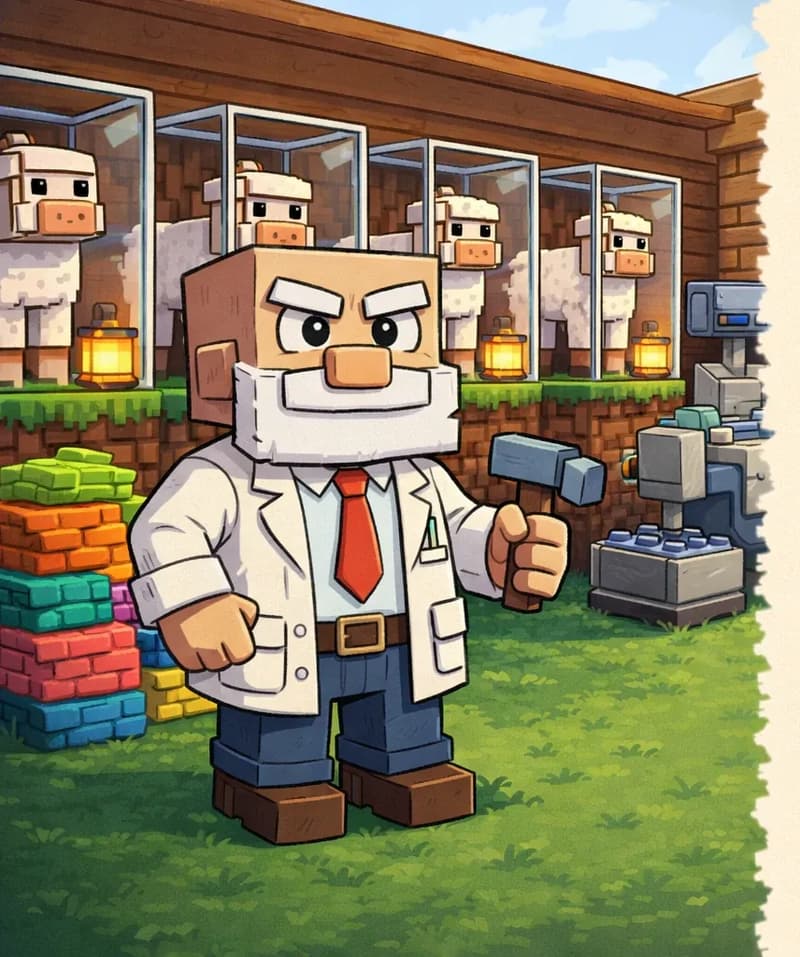 On the left side of the image, Dr. Can Do stands in the foreground of a warm wooden barn, facing the viewer with a kind, attentive expression as he oversees the sheep in their glass enclosures. He is a blocky, Minecraft-inspired character with a cube-shaped head, light beige skin, white bushy eyebrows, a thick white mustache, and small dark eyes. He wears a white lab coat over a white dress shirt with a red necktie, dark brown belt, dark navy-blue pants, and dark brown shoes, and holds a small gray hammer in his right hand. Behind him, several sheep stand inside individual glass enclosures within the barn, lit by warm glowing lanterns between the pens. The sheep face forward with calm expressions, each contained in its own transparent cage. A gentle shearing machine is visible near the enclosures. Large piles of colorful wool are stacked nearby. The scene is set indoors in a rustic wooden shelter with green grass visible at the base, under a daytime sky peeking above the roofline. The right side is plain background reserved for text.