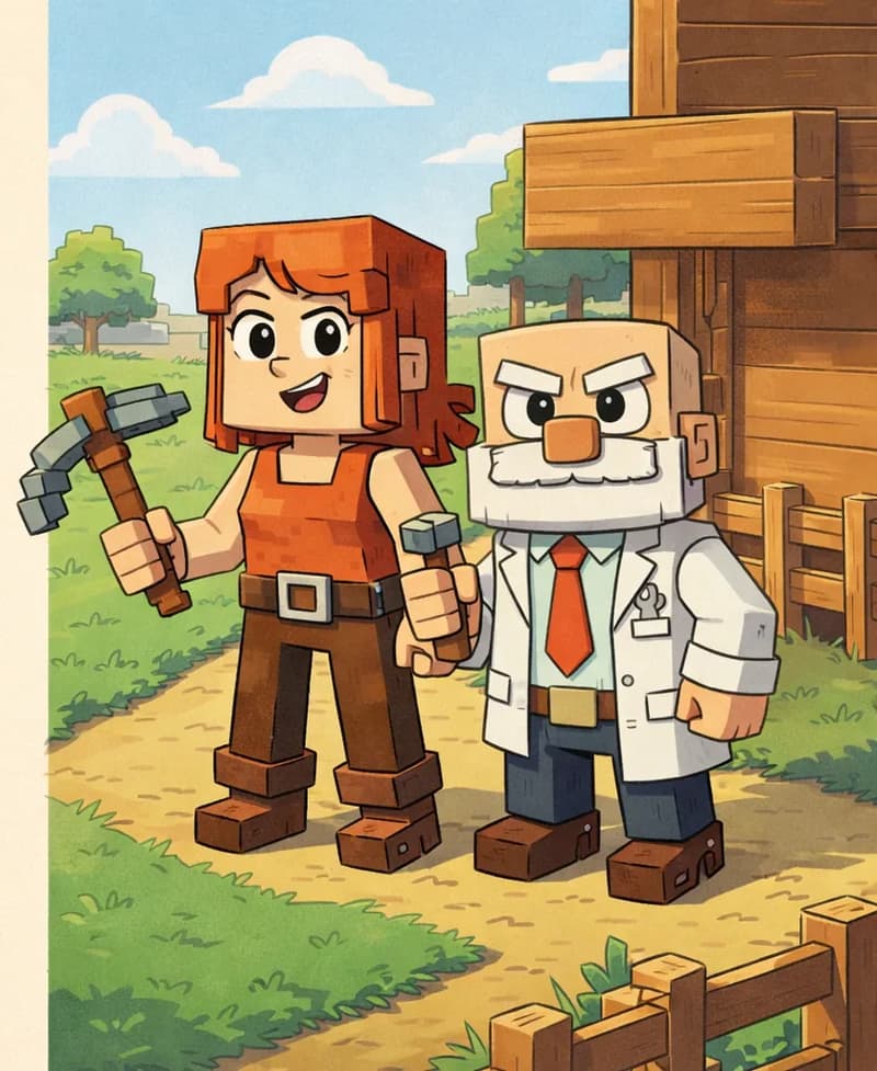 On the right side of the image, Jill and Dr. Can Do stand together on a grassy village path near a wooden shed, facing the viewer with friendly expressions. Jill is a blocky, Minecraft-style female character with a square head, shoulder-length auburn/copper-orange hair with a side-swept fringe, large round dark eyes, light fair skin, and a small open-mouthed smile. She wears a bright orange sleeveless top with a brown belt at the waist, dark brown pants, and brown boots, and holds a gray-and-brown pickaxe in her right hand. Beside her, Dr. Can Do is a blocky, Minecraft-inspired character with a cube-shaped head, light beige skin, white bushy eyebrows, a thick white mustache, and small dark eyes with an enthusiastic expression. He wears a white lab coat over a white dress shirt with a red necktie, dark brown belt, dark navy-blue pants, and dark brown shoes, and holds a small gray hammer in his right hand. The scene is set outdoors on a bright, sunny day with green lawns, shrubs, and trees visible in the background. The left side of the image is a plain beige area reserved for text overlay.