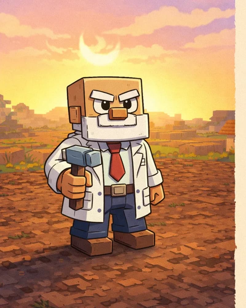 Dr. Can Do stands on the left side of the image on a flat dirt area, facing the viewer at a three-quarter angle with a determined expression as he surveys the ground where he will build the Wool Shop. He is a blocky, Minecraft-inspired character with a cube-shaped head, light beige skin, white bushy eyebrows, a thick white mustache, and small dark eyes. He wears a white lab coat over a white dress shirt with a red necktie, dark brown belt, dark navy-blue pants, and dark brown shoes, and holds a small gray hammer in his right hand. The scene is set outdoors at sunrise, with the sun low on the horizon casting a warm golden-orange glow across a village landscape in the background. The right ~40% of the image is a plain beige text overlay area.