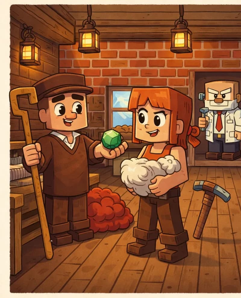On the right side of the image, the interior of the newly finished Wool Shop is shown with warm lantern light glowing from hanging lanterns. Shepherd stands at the center by a wooden loom, facing the viewer with a warm smile. He is a blocky, Minecraft-style character with a stocky, square-proportioned body, peach/tan skin, and dark brown hair visible beneath a brown flat cap. He has small black rectangular eyes, a small nose, dark brown eyebrows, and slight stubble on his chin. He wears a brown tunic over a white collared shirt, brown pants, and dark brown shoes, and holds a tall wooden shepherd's crook in his left hand while extending his right hand toward Jill, offering her a gorgeous green gem. Jill stands nearby, facing the viewer at a three-quarter angle with a small open-mouthed smile, holding a bundle of wool. She is a blocky, Minecraft-style female character with shoulder-length auburn/copper-orange hair with a side-swept fringe, large round dark eyes, light fair skin. She wears a bright orange sleeveless top with a brown belt, dark brown pants, and brown boots, with her gray-and-brown pickaxe resting at her side. A large pile of bright red wool sits on the floor beside the loom. Dr. Can Do stands in the background near the doorway, observing the scene with a satisfied expression. He wears a white lab coat over a white dress shirt with a red necktie, dark brown belt, dark navy-blue pants, and dark brown shoes, and holds a small gray hammer in his right hand. The room has wooden plank floors and walls with a brick accent wall. The left side is a plain beige text area.