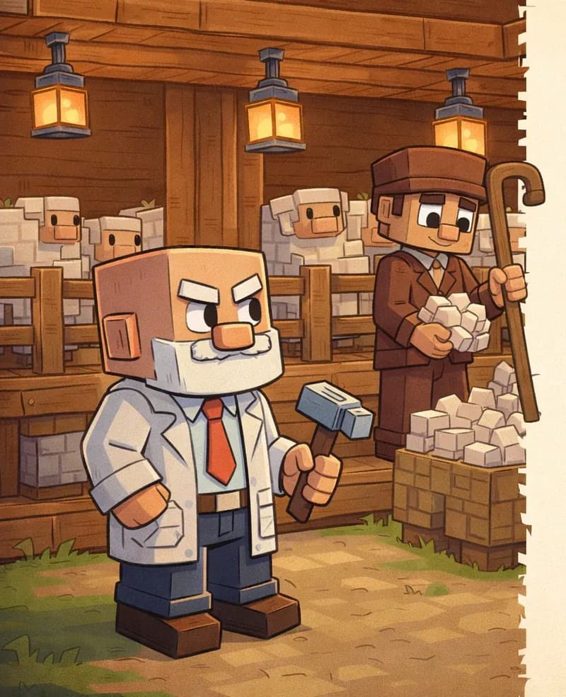 On the left side of the image, Dr. Can Do stands in the lower-left foreground, facing toward the right at a three-quarter angle with a calm, observant expression as he watches the shepherd at work. He is a blocky, Minecraft-inspired character with a cube-shaped head, light beige skin, white bushy eyebrows, a thick white mustache, and small dark eyes. He wears a white lab coat over a white dress shirt with a red necktie, dark brown belt, dark navy-blue pants, and dark brown shoes, and holds a small gray hammer in his right hand. Behind him is the wooden Wool Shop building with warm lantern lighting, where Shepherd can be seen inside tending to sheep penned behind fences, gathering bundles of wool and adding them to a growing pile. Shepherd is a blocky, Minecraft-style character with a brown flat cap, brown tunic over a white collared shirt, and holds a tall wooden shepherd's crook. Several sheep are visible in the background enclosure. The right ~40% of the image is a plain parchment-style background reserved for text overlay.