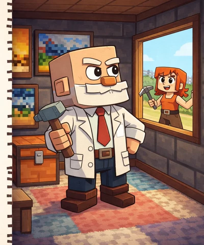 On the right side of the image, Dr. Can Do stands indoors in a cozy village cottage with a wooden ceiling, gazing out through a window on the far right with a satisfied smile, as if imagining his next big project. He is a blocky, Minecraft-inspired character with a cube-shaped head, light beige skin, white bushy eyebrows, a thick white mustache, and small dark eyes. He wears a white lab coat over a white dress shirt with a red necktie, dark brown belt, dark navy-blue pants, and dark brown shoes, and holds a small gray hammer in his right hand. The room features gorgeous colorful paintings hanging on the walls and a soft carpet covering the floor, reflecting the village improvements made with wool. A wooden chest sits nearby. Through the window, Jill is partially visible outside on the village path, her shoulder-length auburn/copper-orange hair and bright orange sleeveless top recognizable as she calls out toward the cottage. The scene is set indoors during daytime with the village visible outside. The left side is a plain beige text area.