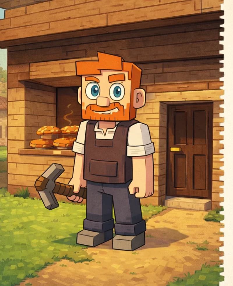 Tom stands on the left side of the image in front of a wooden bakery building, with a cheerful smile on his blocky Minecraft-style face. He has orange hair, an orange beard, large blue eyes, and wears a dark brown vest over a white short-sleeved shirt, dark blue-gray pants, and dark gray shoes. He is positioned outside the bakery's open doorway on a grassy area, with a counter behind him displaying baked goods including golden-brown pumpkin pies and loaves of steaming bread. The scene is set outdoors during daytime with warm lighting, in a cozy village setting with other wooden buildings visible nearby. The right ~40% of the image is a plain parchment-style text area.